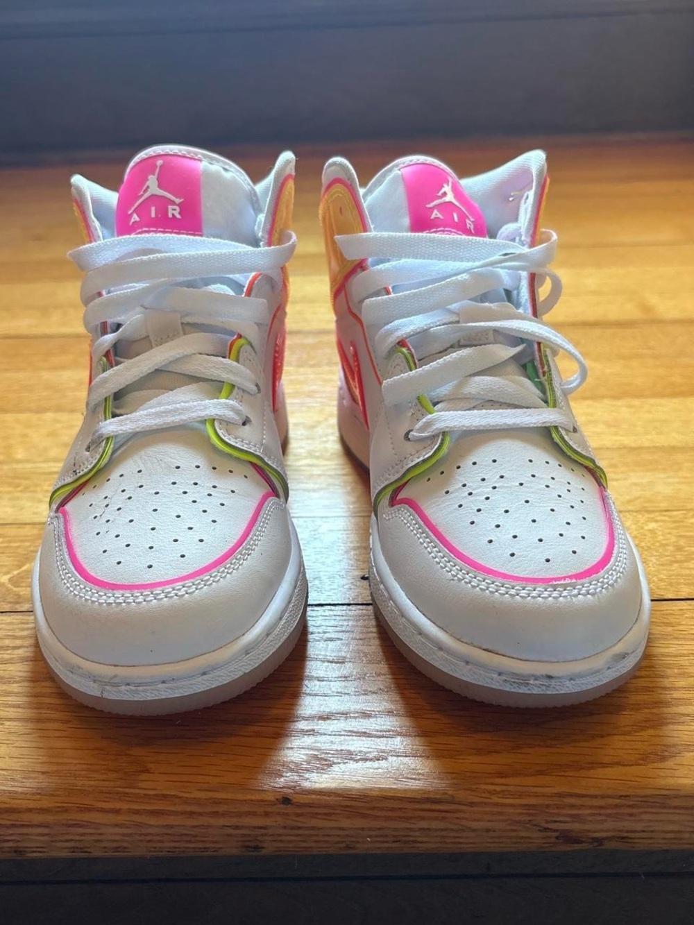 Jordan 1 Mid SE White Sneakers with Pink and Yellow Accents - Picture 2 of 6